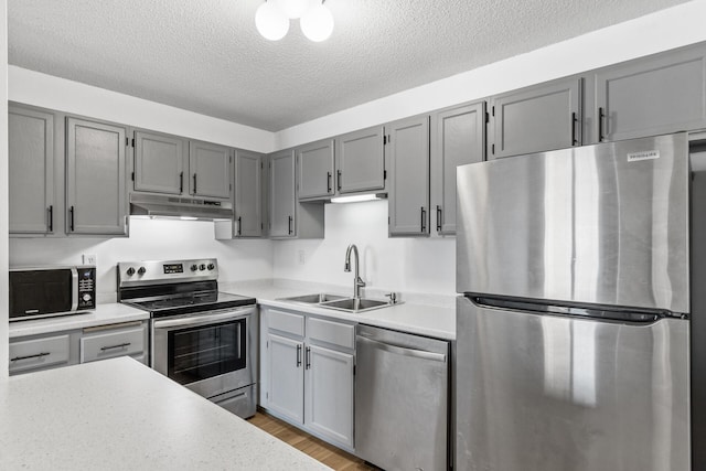 kitchen with a textured ceiling, stainless steel appliances, sink, gray cabinets, and hardwood / wood-style flooring