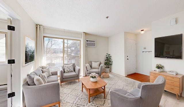 living room featuring a wall mounted AC and light hardwood / wood-style floors