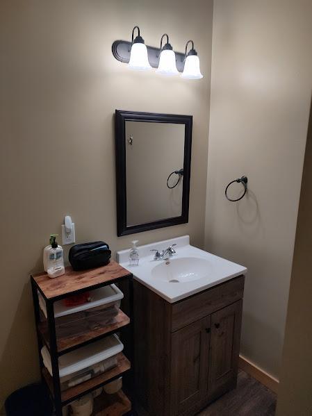 bathroom with hardwood / wood-style floors and vanity