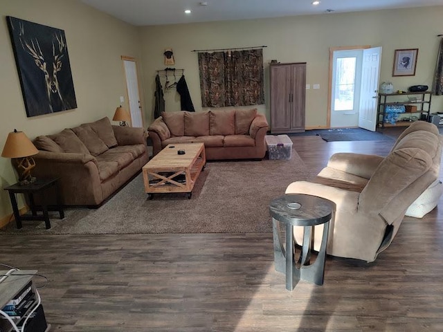 living room with dark hardwood / wood-style flooring