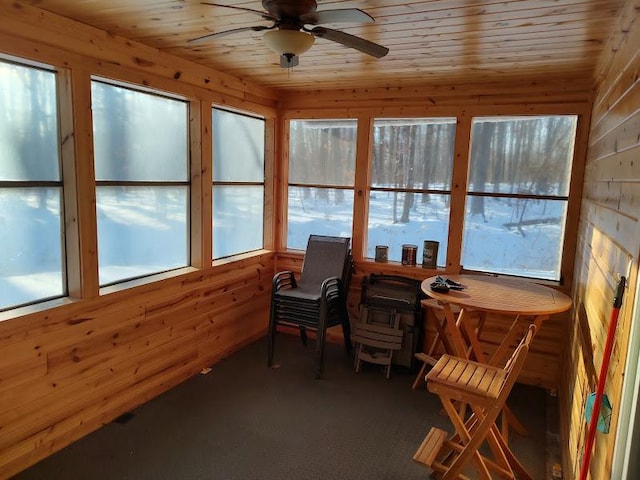 sunroom / solarium with wooden ceiling, a healthy amount of sunlight, and ceiling fan