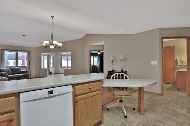 kitchen with light brown cabinets, pendant lighting, white dishwasher, ceiling fan with notable chandelier, and lofted ceiling