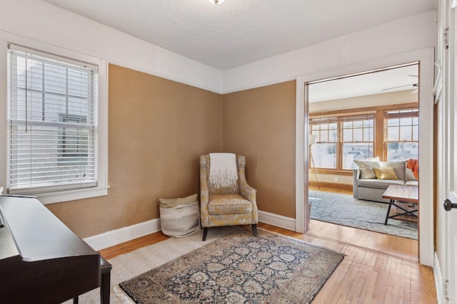 living area featuring hardwood / wood-style floors and a textured ceiling