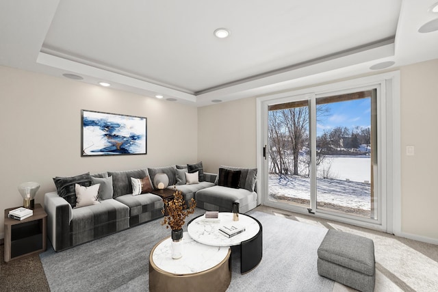 living room featuring a raised ceiling and carpet