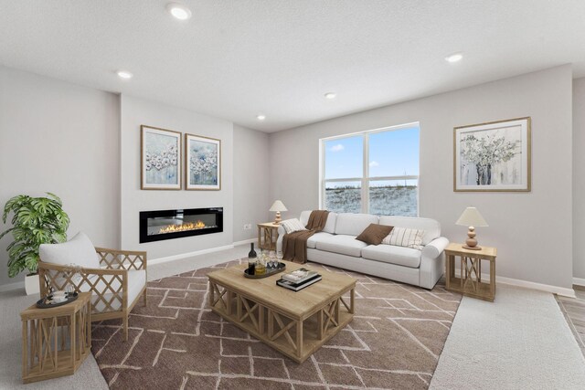 living area with recessed lighting, carpet flooring, a glass covered fireplace, and baseboards