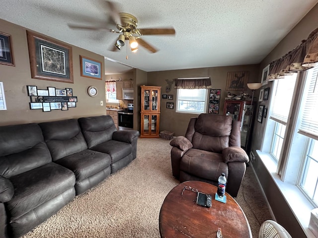 carpeted living room featuring ceiling fan and a textured ceiling