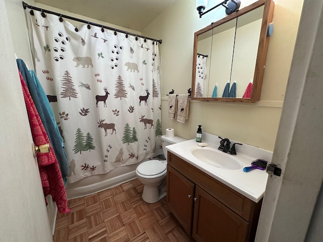 full bathroom with toilet, vanity, parquet floors, and shower / bath combination with curtain