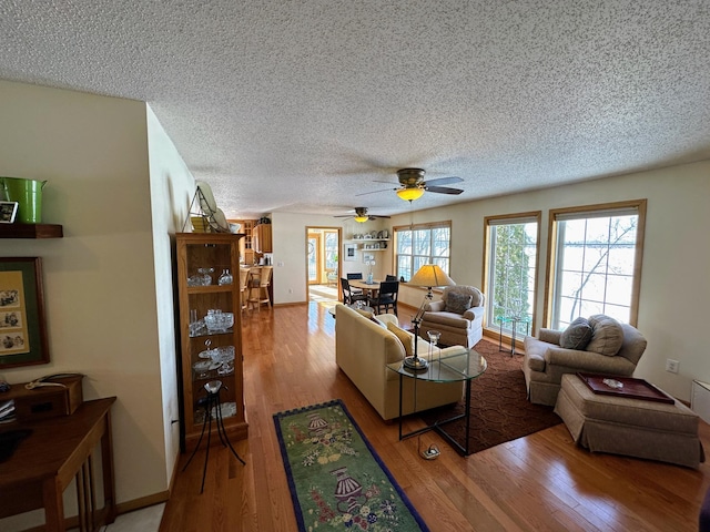 living room featuring ceiling fan, a textured ceiling, and light wood-type flooring