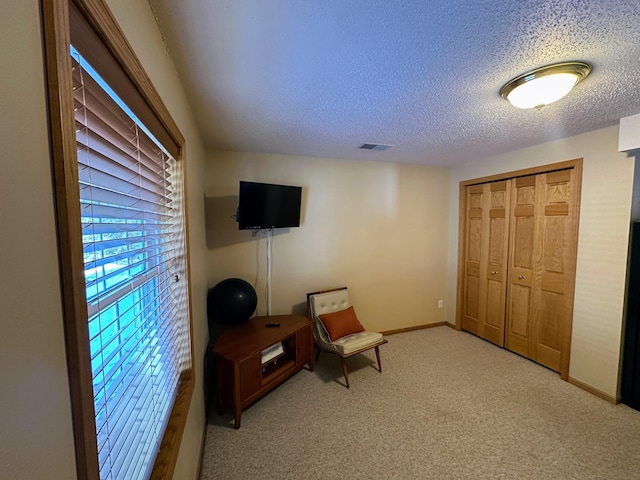 living area with carpet flooring and a textured ceiling