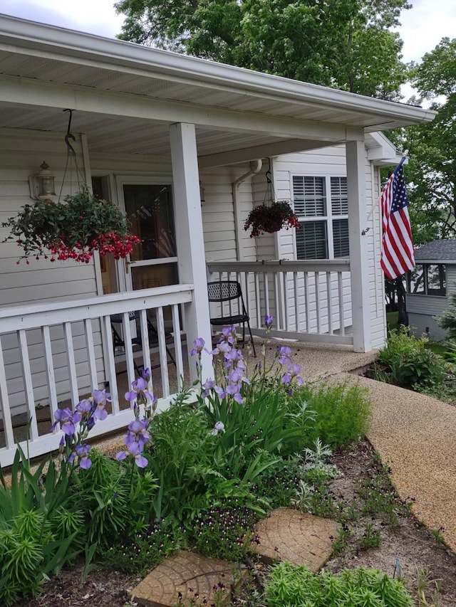 view of exterior entry featuring covered porch