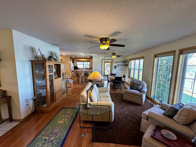 43561 Paul Lake Dr, Edna Twp, MN 56573 - living area with wood finished floors, a ceiling fan, a textured ceiling, and baseboards