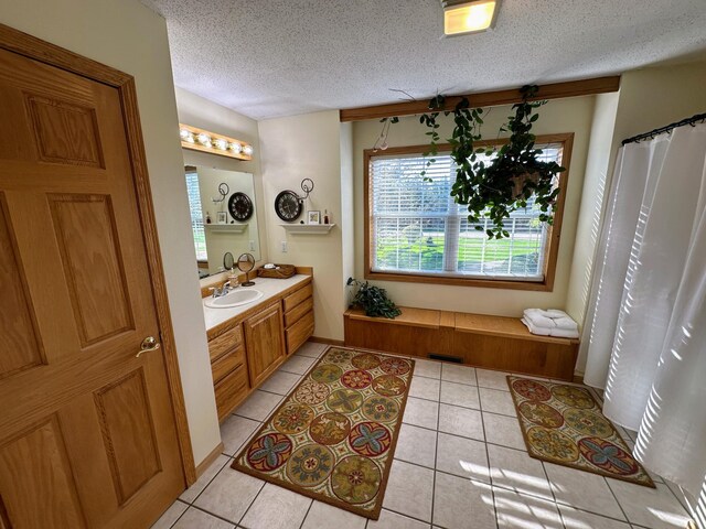 43561 Paul Lake Dr, Edna Twp, MN 56573 - full bath featuring tile patterned floors, vanity, and a textured ceiling