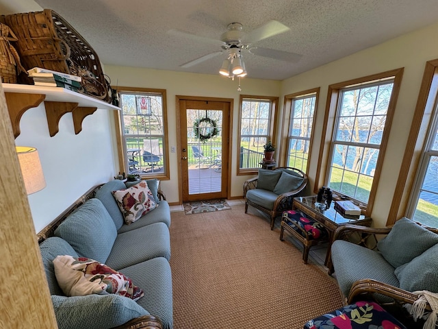 43561 Paul Lake Dr, Edna Twp, MN 56573 - living area featuring healthy amount of natural light, a textured ceiling, ceiling fan, carpet floors, and baseboards