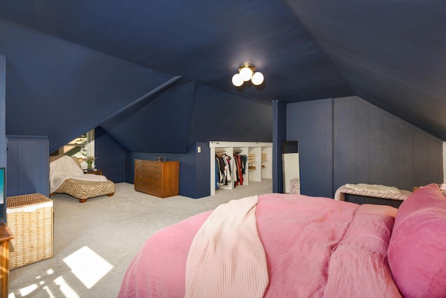 bedroom with carpet flooring, vaulted ceiling, and a closet