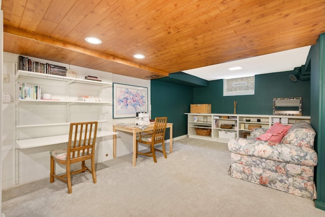 office area featuring light colored carpet and wood ceiling