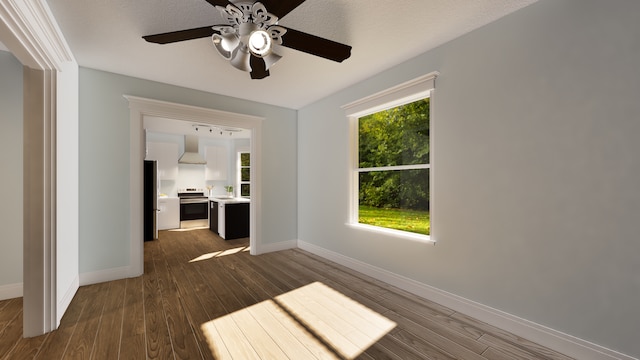 interior space featuring ceiling fan and dark wood-type flooring