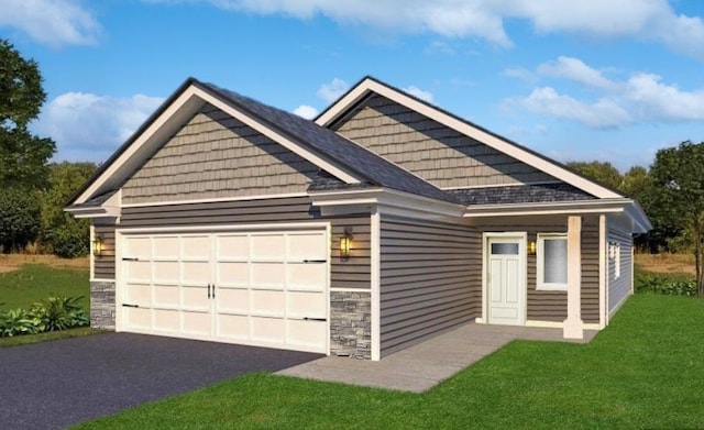 view of property exterior featuring a garage and a lawn