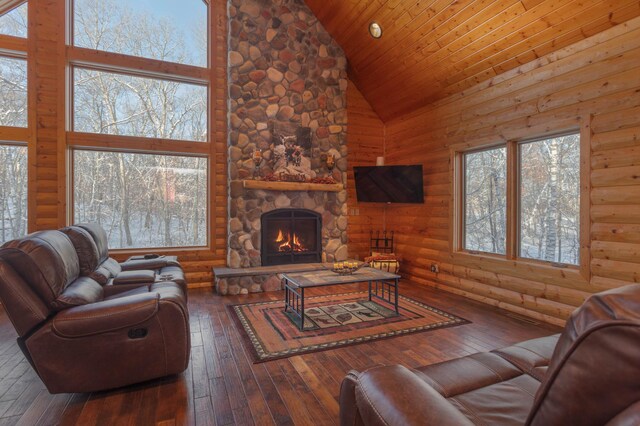 living room with high vaulted ceiling, log walls, a wealth of natural light, and wood-type flooring