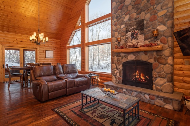 living room with high vaulted ceiling, log walls, a fireplace, and dark hardwood / wood-style flooring