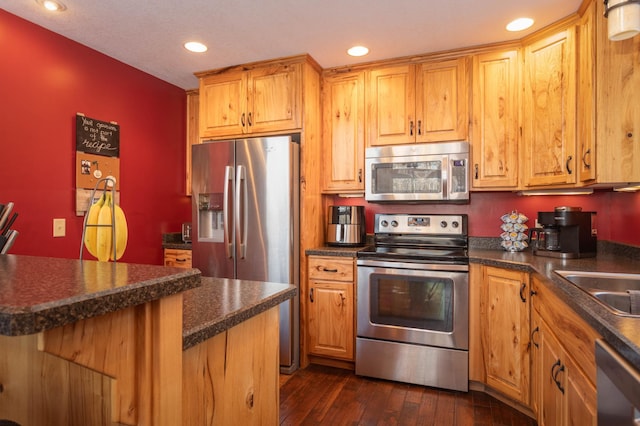 kitchen with sink, dark hardwood / wood-style flooring, and appliances with stainless steel finishes