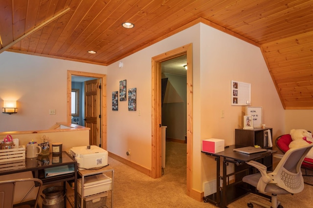 office area featuring light colored carpet, wood ceiling, and vaulted ceiling