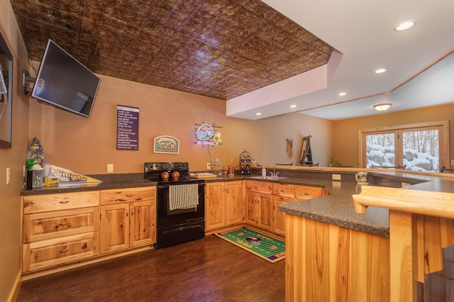 kitchen with kitchen peninsula, sink, black range with electric cooktop, and dark hardwood / wood-style flooring