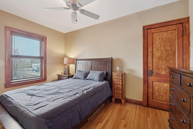 bedroom with ceiling fan and light wood-type flooring