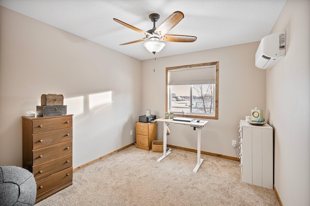 interior space with ceiling fan, a wall mounted air conditioner, light carpet, and a textured ceiling