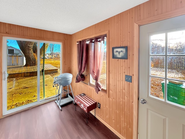 workout room with a textured ceiling, wood walls, and hardwood / wood-style flooring