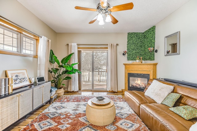 living room with a textured ceiling, ceiling fan, a healthy amount of sunlight, and wood-type flooring