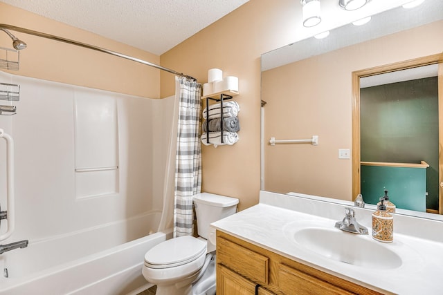 full bathroom with a textured ceiling, toilet, vanity, and shower / bath combination with curtain