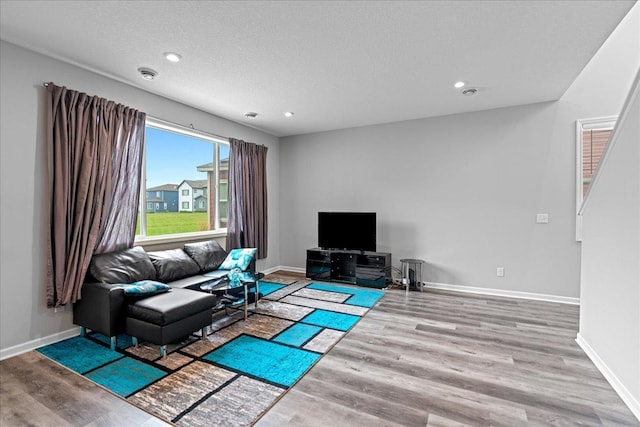 living area featuring baseboards, a textured ceiling, and light wood-style floors