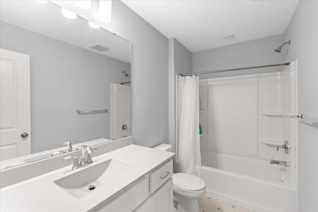 bathroom with shower / tub combo, visible vents, toilet, a textured ceiling, and vanity