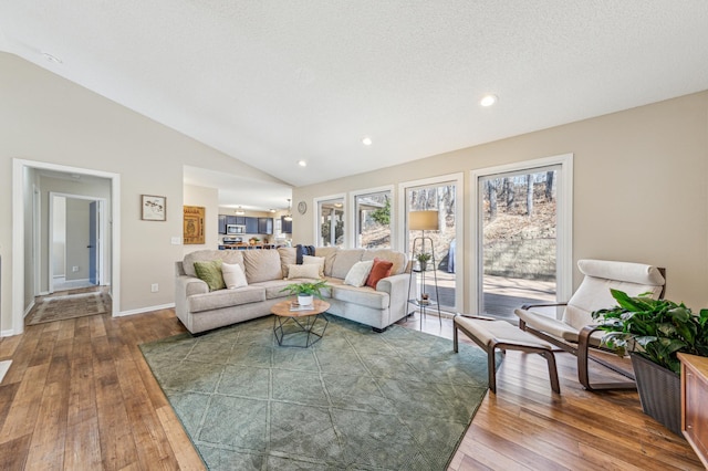 living room with a textured ceiling, hardwood / wood-style floors, baseboards, and vaulted ceiling