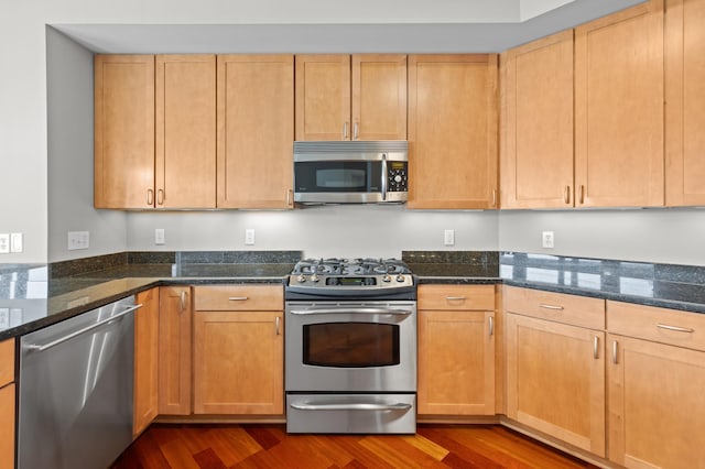 kitchen with stainless steel appliances, dark stone counters, dark hardwood / wood-style floors, and light brown cabinets