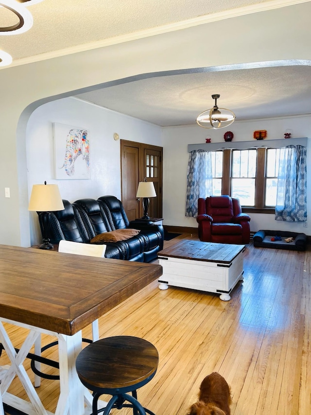 living room featuring hardwood / wood-style flooring and a textured ceiling