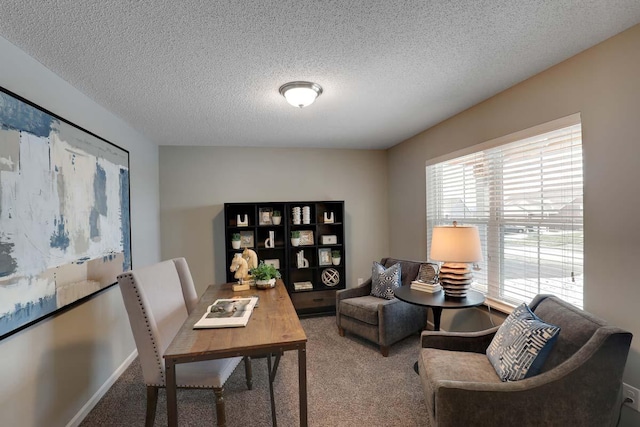 carpeted home office with a textured ceiling