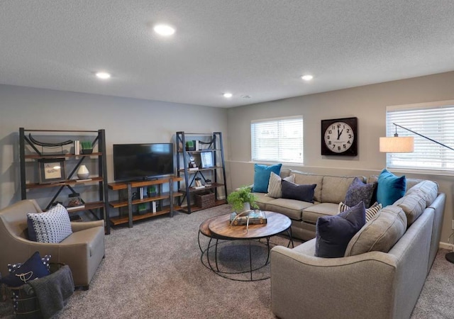 living room featuring carpet floors and a textured ceiling