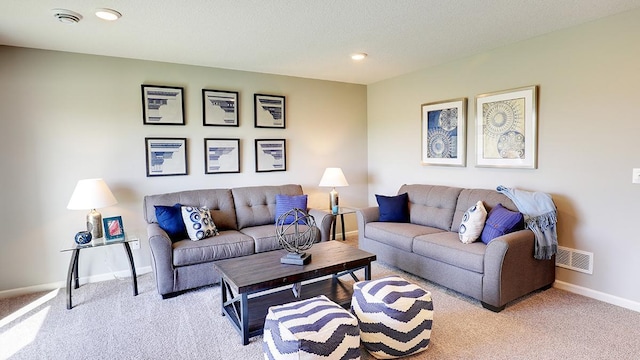 living room featuring light colored carpet