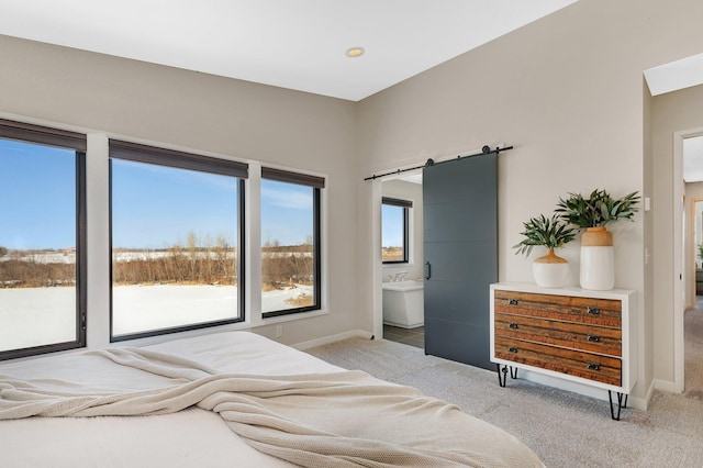 carpeted bedroom with ensuite bathroom and a barn door