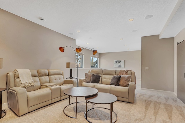 living room with a textured ceiling and light colored carpet