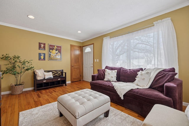 living area featuring crown molding, baseboards, recessed lighting, wood finished floors, and a textured ceiling