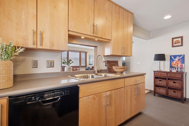 kitchen with light brown cabinetry, a sink, light countertops, light tile patterned floors, and dishwasher