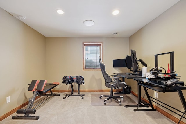 home office featuring recessed lighting, baseboards, and carpet flooring