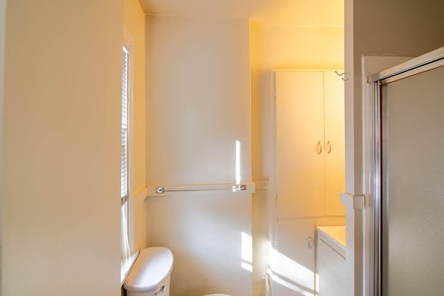 bathroom with vanity, a shower with shower door, and toilet