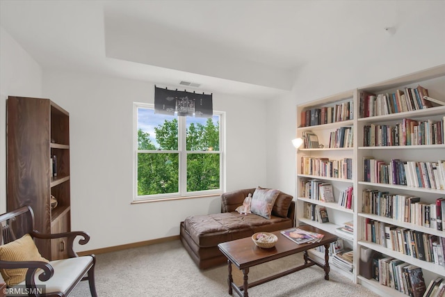 living area featuring light colored carpet