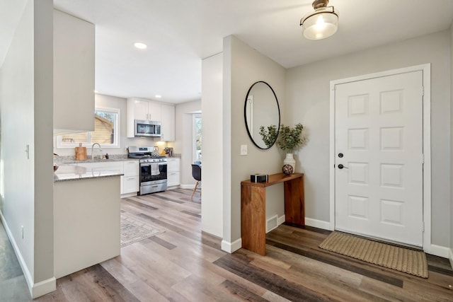 foyer with sink and light hardwood / wood-style floors