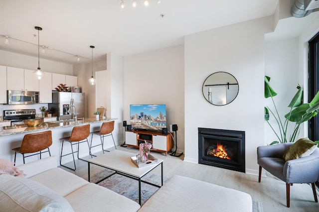 living room featuring sink and light hardwood / wood-style floors