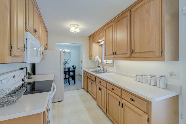 kitchen featuring sink, white appliances, and a chandelier