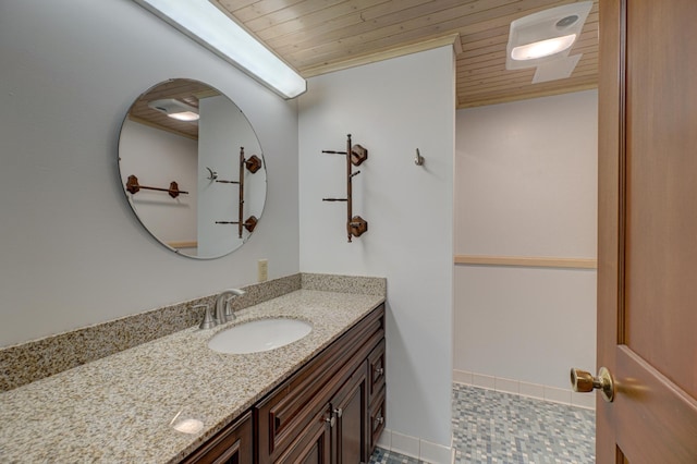 bathroom with vanity and wood ceiling